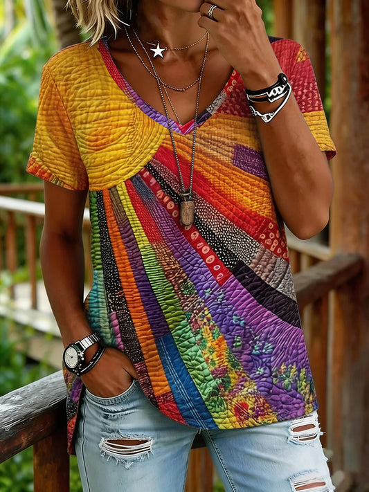 Cardydony Women's Colorful Sun Collage Art Print Short Sleeve V Neck Tshirt