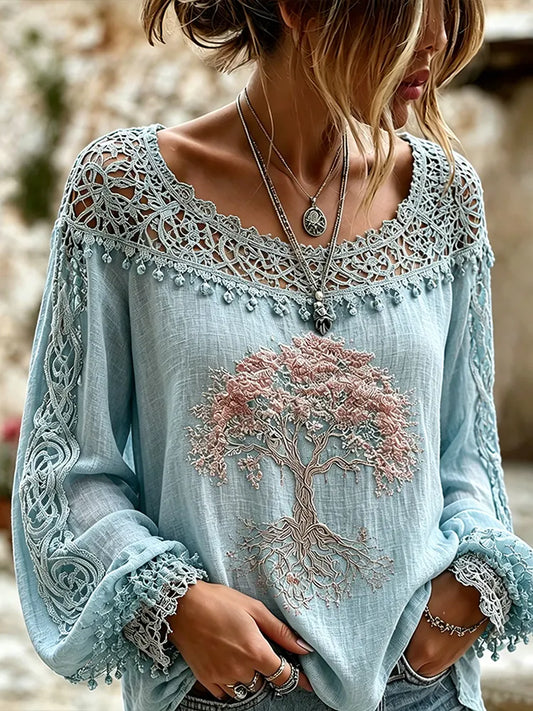 Cardydony Women's Retro Viking Tree Of Life Embroidery Pattern Casual Long-sleeve T-shirt