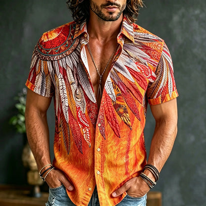 Cardydony Men's Retro Bohemian Hippie Style Feather Embroidered Print Short-sleeve Shirt
