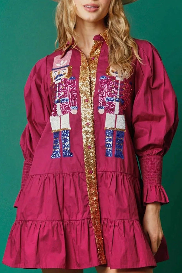 Cardydony Women's Nutcracker Sequined Button Down Long Sleeve Mini Dress
