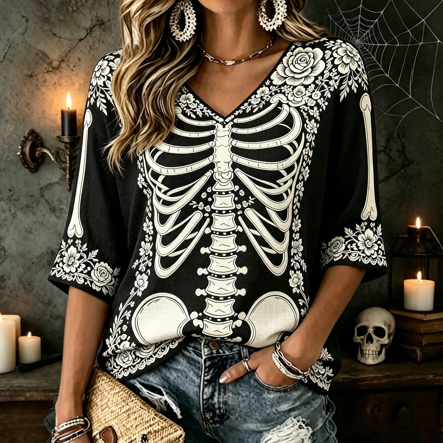 Cardydony Women's Vintage Halloween White Rose And Human Skeleton Art Printed Mid-length Sleeves V-neck T-shirt