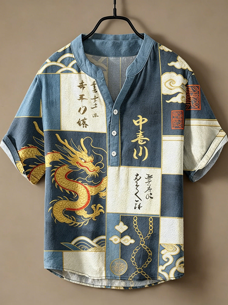 Cardydony Men's Japanese Art Dragon Letter Color Block Print Cotton Linen Top
