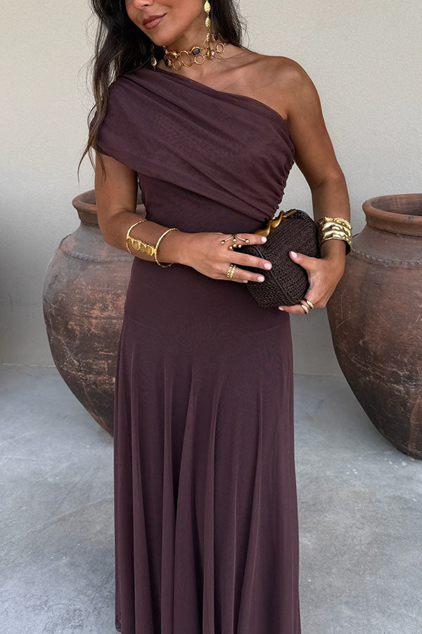Cardydony Women's In My Arms Mesh Ruched Strapless Paneled Drape Flare Maxi Dress