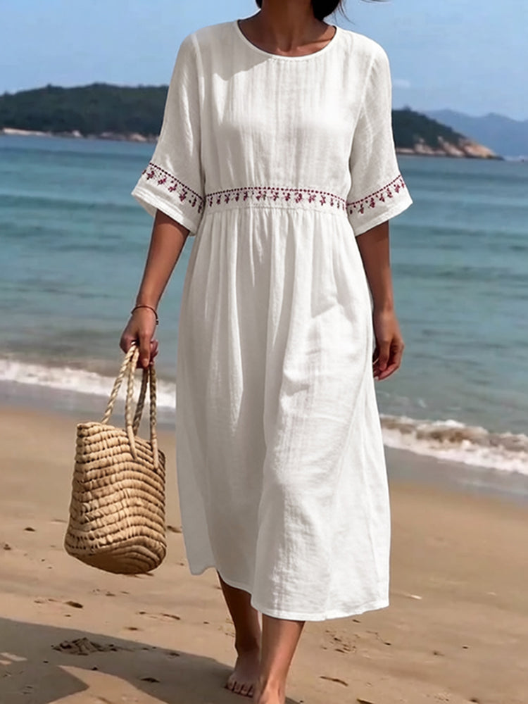 Cardydony Women's Solid Color Embroidery Linen Ramie Dress