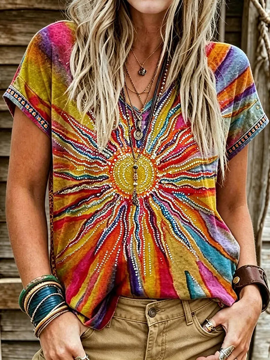 Cardydony Women's Retro Hippie Sun Graffiti Color Block Cotton Linen T-shirt