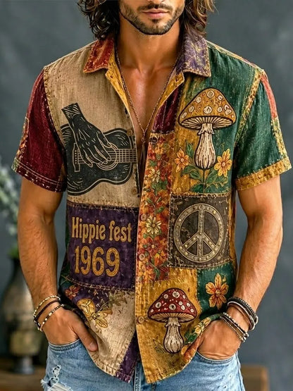 Cardydony Men's Hippie Peace Love Music Patchwork Print Short Sleeve Shirt