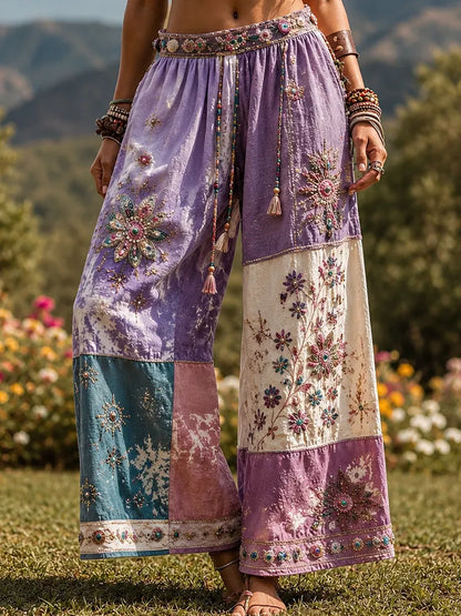 Cardydony Boho Patchwork Mandala Print High-waist Wide-leg Pants