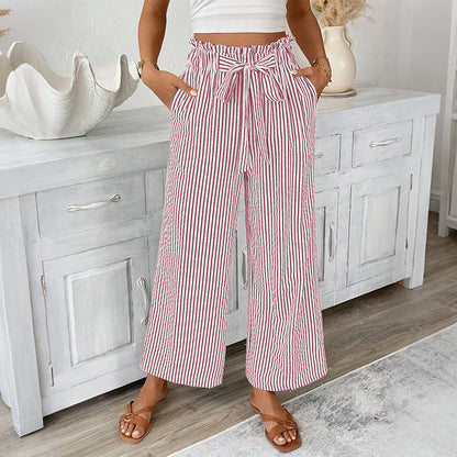 Cardydony Casual Bud Waistband Striped Straight Linen Pants