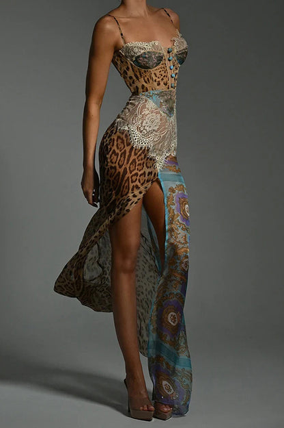 Cardydony Women's Chiffon Leopard Print Sexy Lace Splicing High Slit Slim Maxi Dress