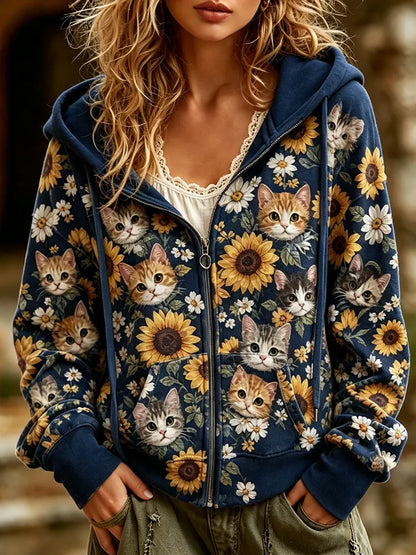 Cardydony Women's Full-zip Hoodie Sweatshirt With All-over Cute Cat Faces And Sunflower Print