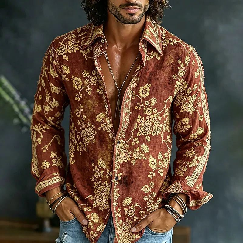 Cardydony Men's Spring Summer Colorful Floral Embroidered Art Print Flowy Linen Blend Shirt
