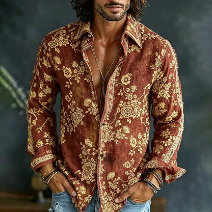Cardydony Men's Spring Summer Colorful Floral Embroidered Art Print Flowy Linen Blend Shirt