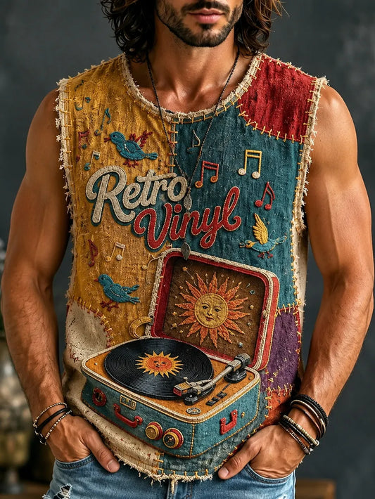 Cardydony Men's Hippie Sun Face Record Peace Art Print Tank Top