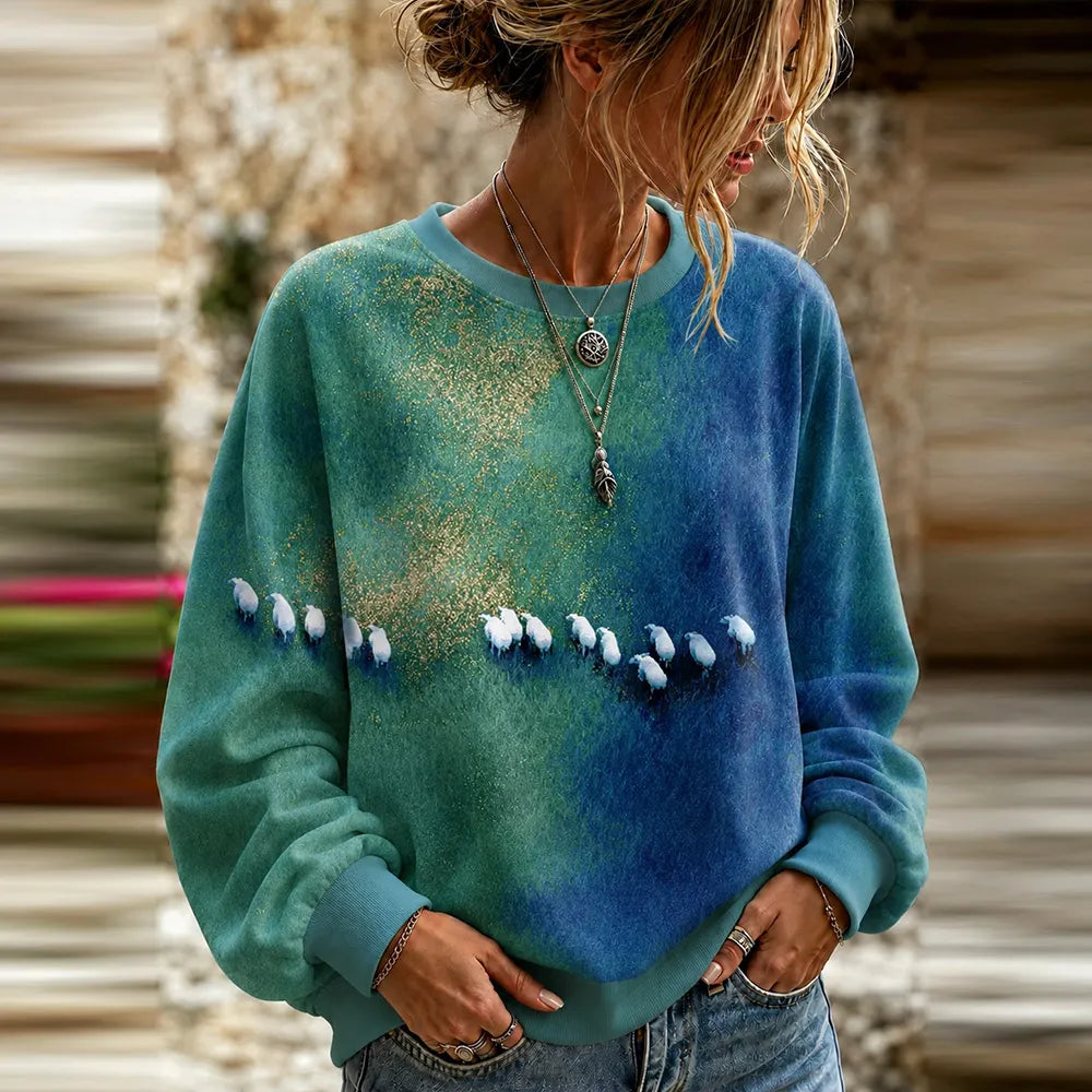 Cardydony Women's Vintage Running Sheep Art Print Crewneck Sweatshirt