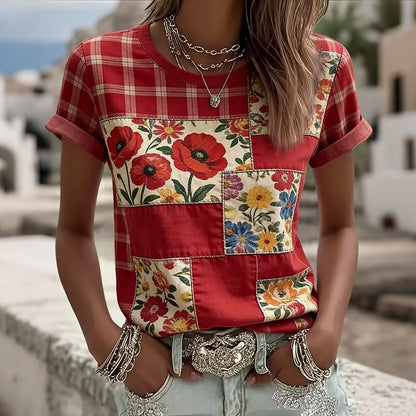 Cardydony Women's Retro Plaid With Floral Patchwork Art Print Casual Short-sleeve V-neck T-shirt