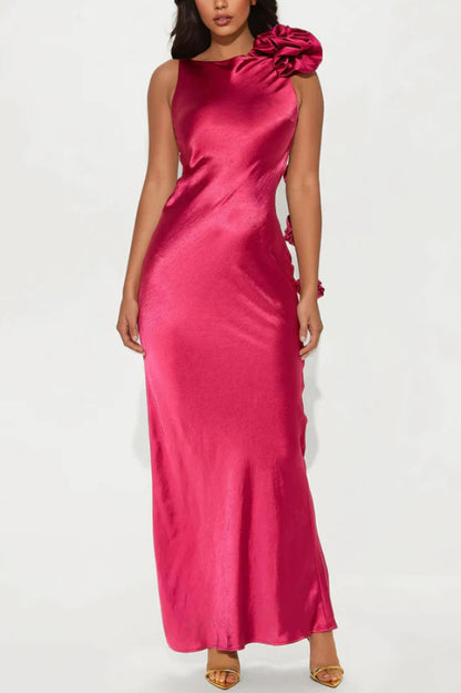 Cardydony Women's Satin Floral Embellishment Backless Elegant Slim-fit Maxi Dress