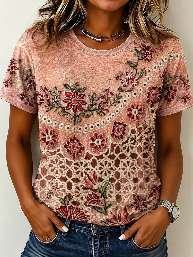 Cardydony Women's Floral Lace Design Round Neck Short Sleeve Linen T-shirt