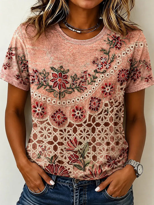 Cardydony Women's Floral Lace Design Round Neck Short Sleeve Linen T-shirt