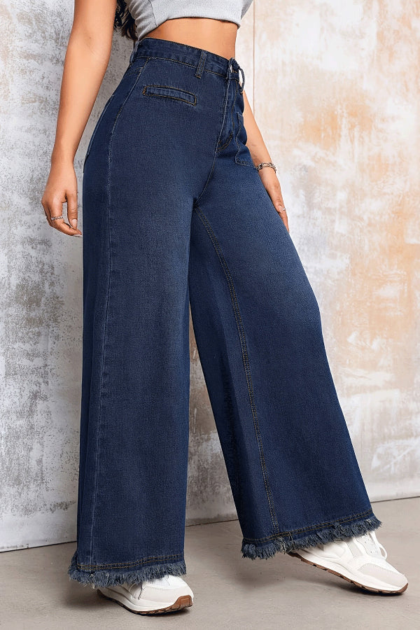 Cardydony Women's Stylish Loose-fitting Frayed Hem Casual Pocket Wide-leg Jeans