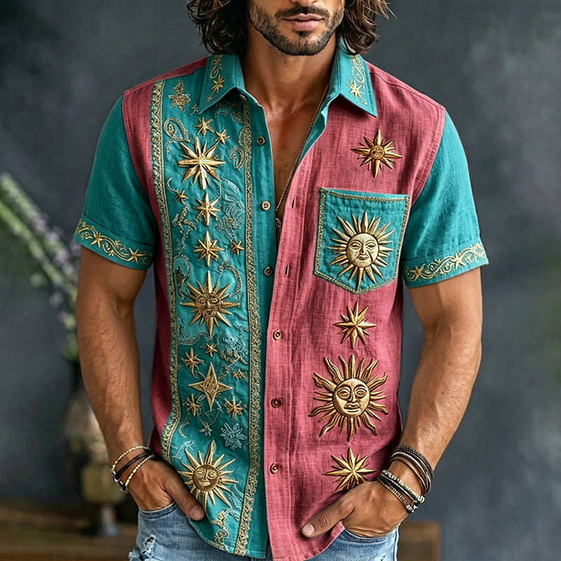 Cardydony Men's Retro Sun And Star Printed Short Sleeve Shirt