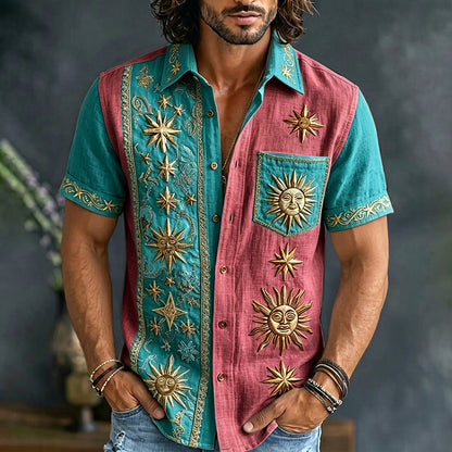 Cardydony Men's Retro Sun And Star Printed Short Sleeve Shirt
