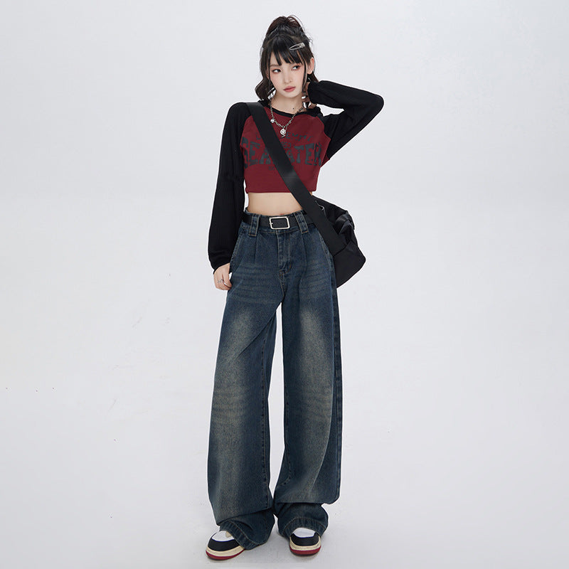 Cardydony Women's Vintage High-Waisted Wide-Leg Jeans with Pocket Detail