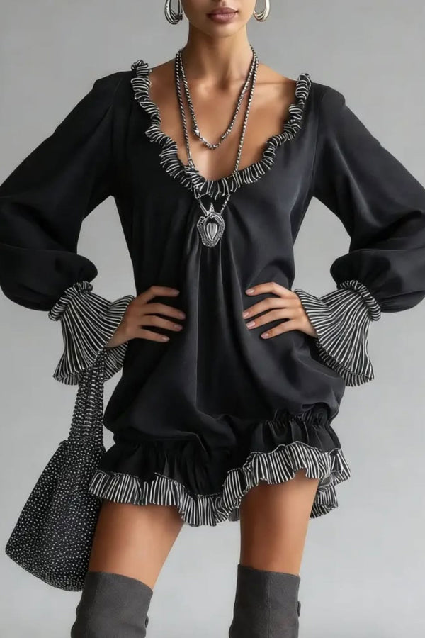 Cardydony Women's Fashionable Patchwork Ruffled Loose Long-sleeved Casual Mini Dress