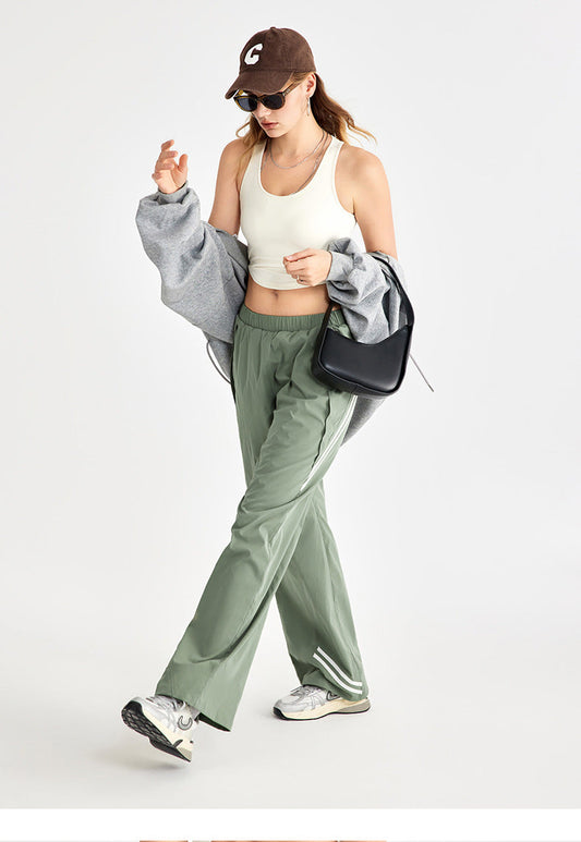 Cardydony Women's High-Waisted Wide Leg Sport Pants – Retro Parachute Style with Side Stripes