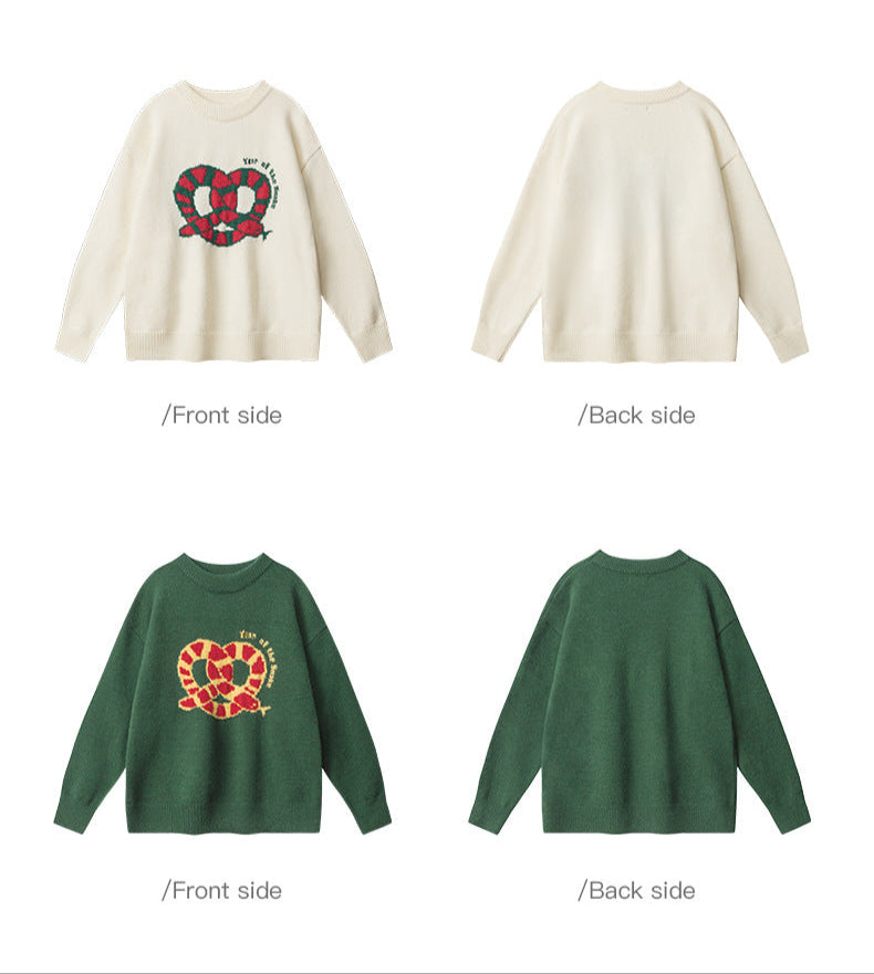 Cardydony Women's Retro Pretzel Embroidered Sweater | Oversized Pullover