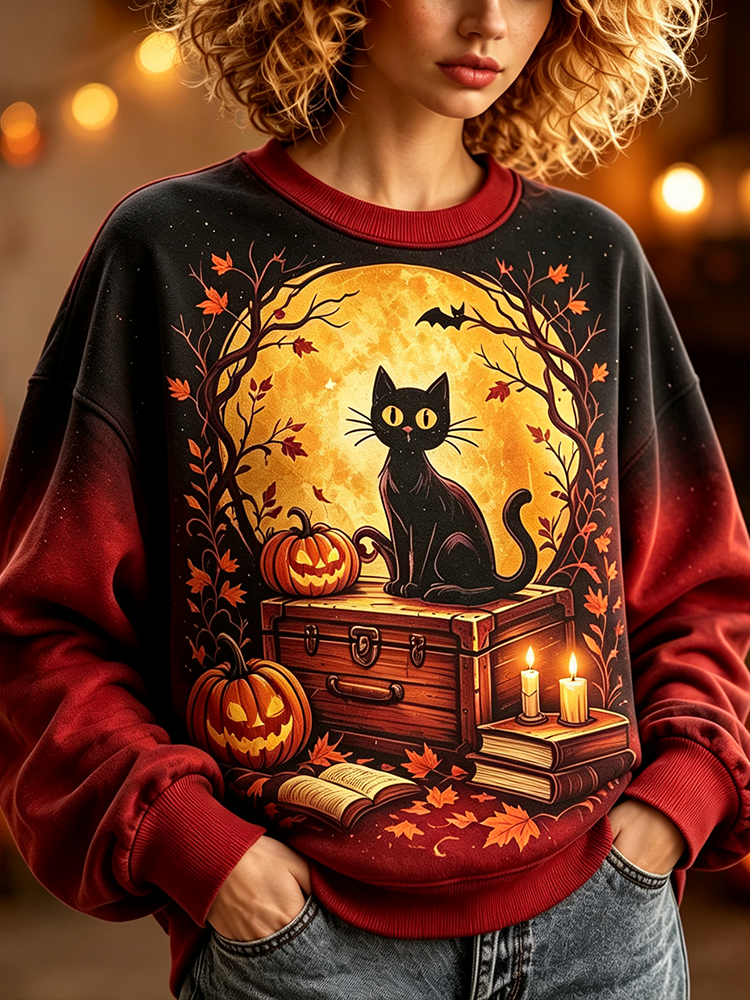 Cardydony Women's Halloween Black Cat & Jack-o'-lantern Graphic Sweatshirt - Full Moon Scene