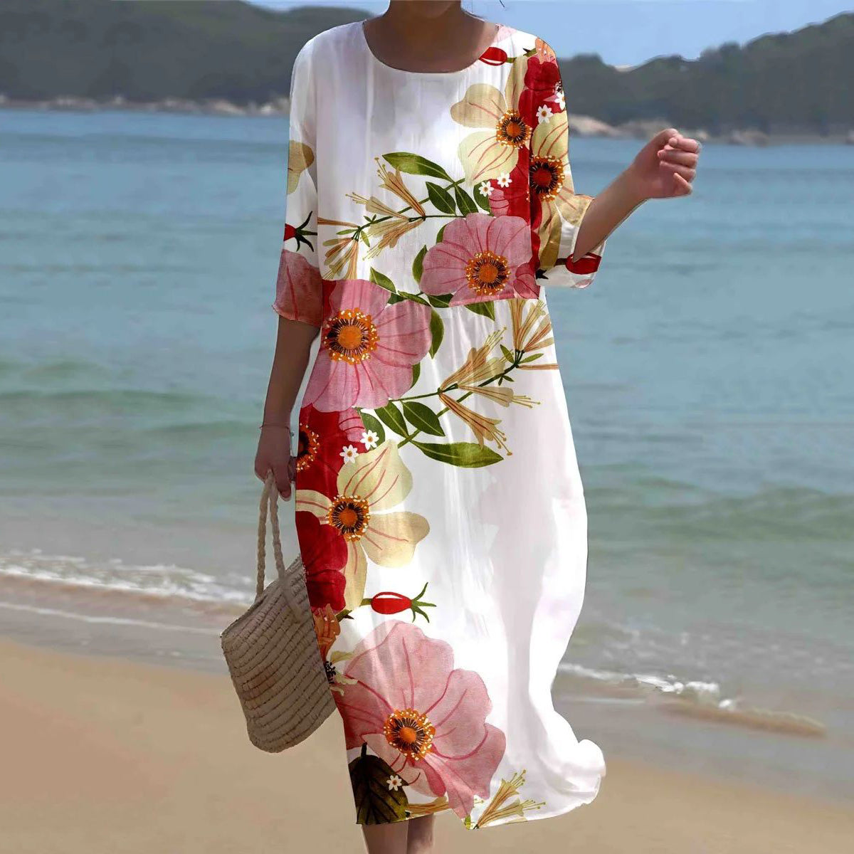 Cardydony Women's Retro Floral Art Pattern Linen Blend Loose Three-quarter Sleeve Dress