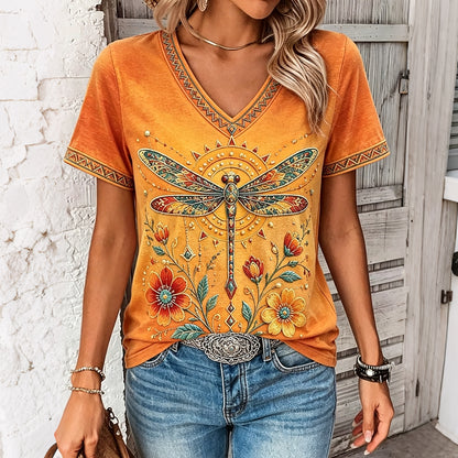 Cardydony Retro Dragonfly Floral Ethnic Print Short-sleeved V-neck Cotton Linen Top