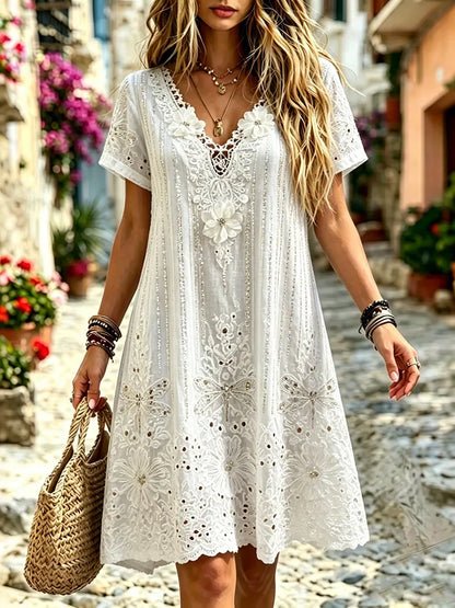 Cardydony Women's Retro Vacation Floral Dragonfly Design V-neck Short Sleeve Dress