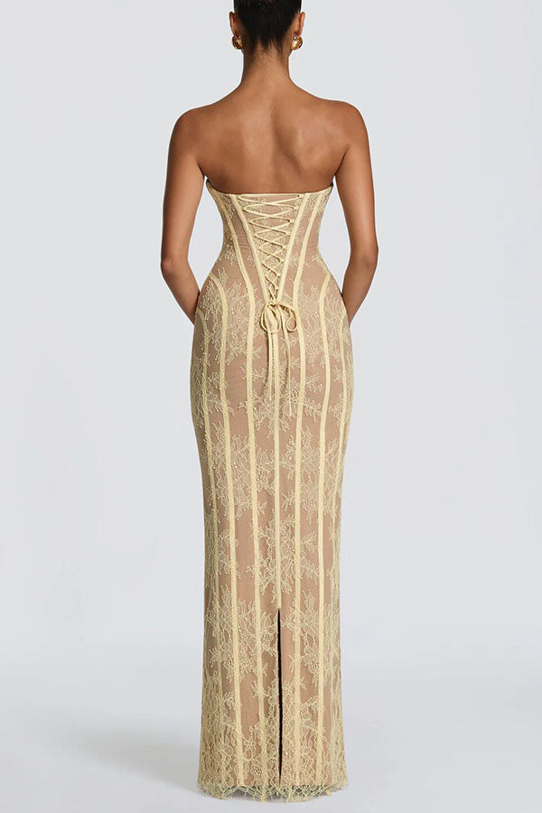 Cardydony Women's Summer Colour Sian Floral Lace Contrast Structural Detail Back Lace-up Strapless Slit Maxi Dress