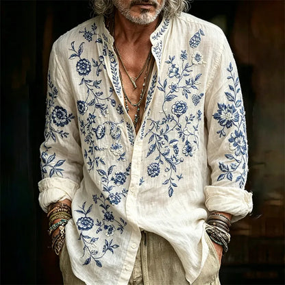 Cardydony Men's Vintage Boho Floral Art Linen Shirt