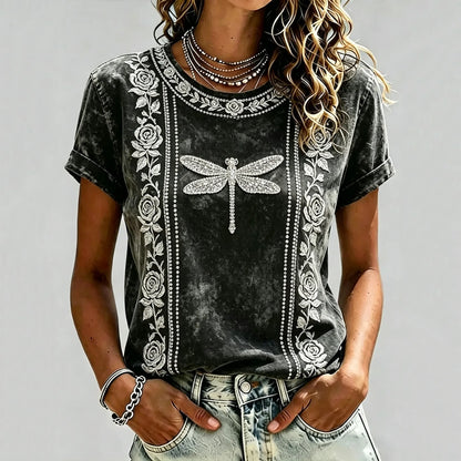 Cardydony Women's Retro Vacation Floral Dragonfly Round Neck Short Sleeve Linen Top