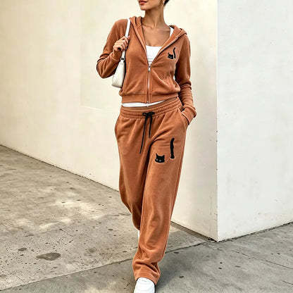 Cardydony Women's Retro Black Cat Art Casual Sports Suit Two-piece Set