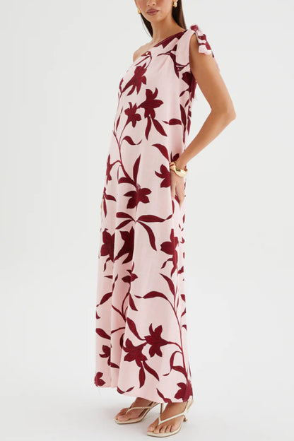 Cardydony Women's Botanical Print Sleeveless One-shoulder Tie-up Casual Vacation Maxi Dress