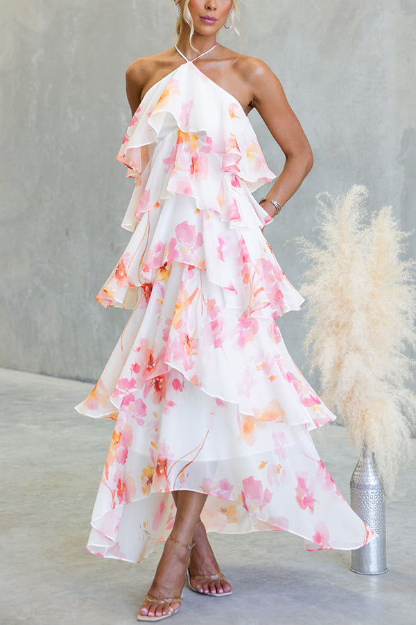 Cardydony Women's Poetic Eden Chiffon Floral Print Tiered Ruffles Halter A-line Maxi Dress