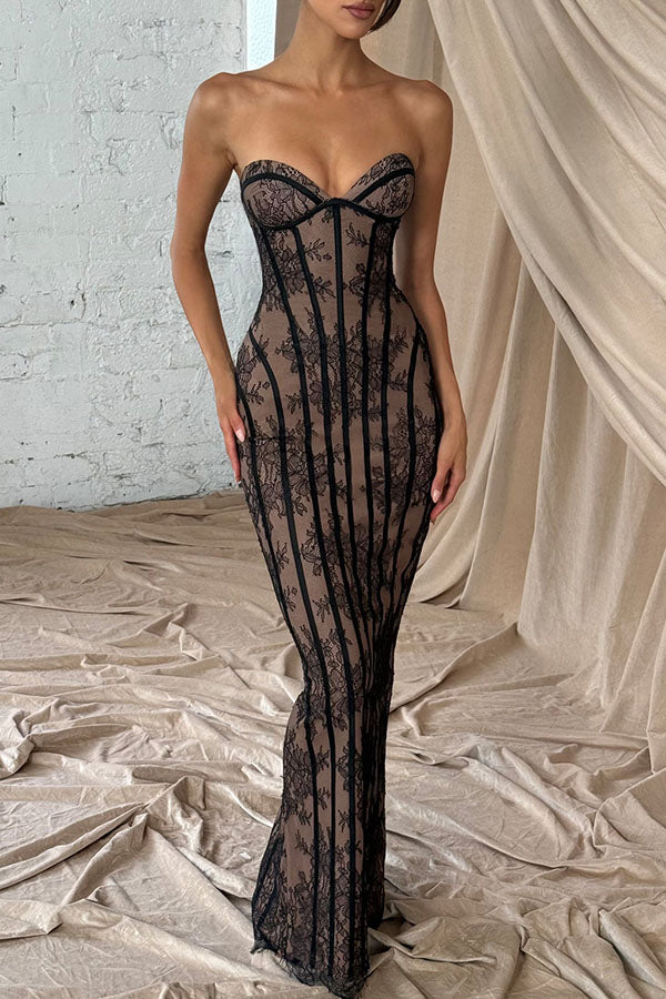 Cardydony Women's Sian Floral Lace Contrast Structural Detail Back Lace-up Strapless Slit Maxi Dress
