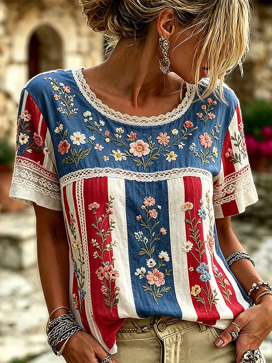 Cardydony Vintage Football Team Floral Embroidered Patchwork Casual Short Sleeve Crew Neck Top