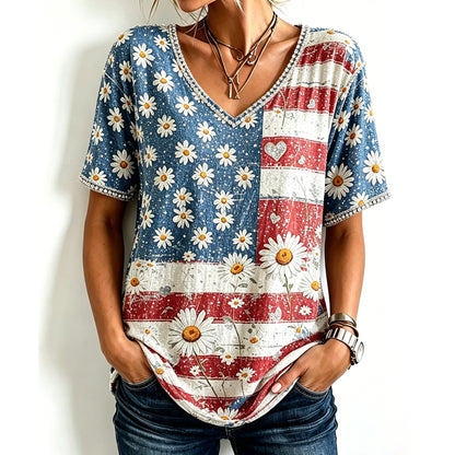 Cardydony Women's Independence Day With Daisy Printed V Neck Casual Tops