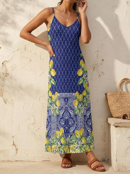 Cardydony Satin Sicilian Lemon Tile Sleeveless Maxi Dress