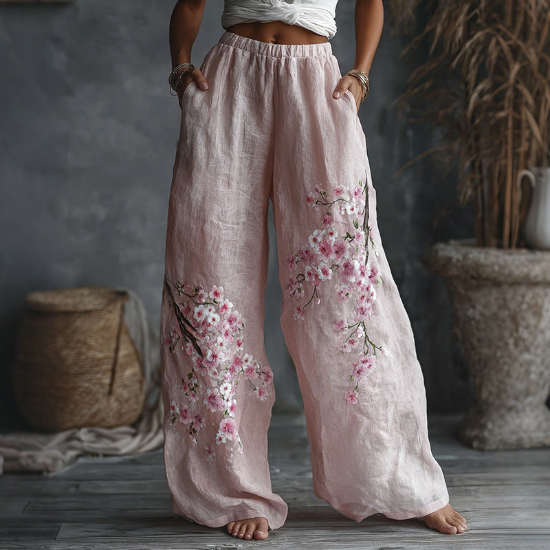 Cardydony Women's Japanese Floral Pattern Linen Casual Pants