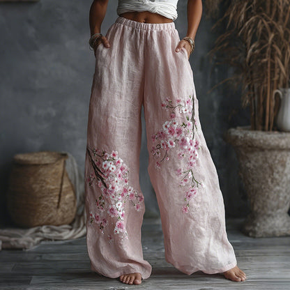 Cardydony Women's Japanese Floral Pattern Linen Casual Pants