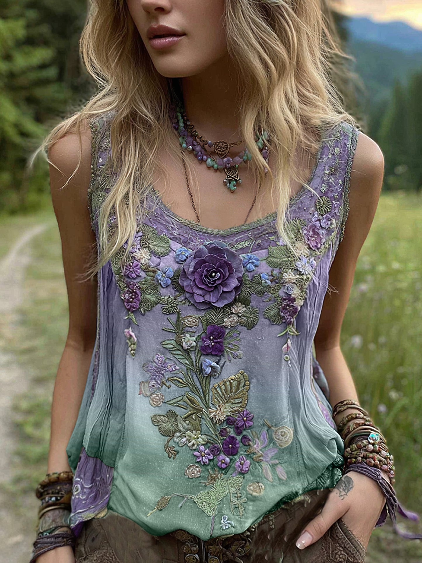 Cardydony Vintage Classy Gradient Purple Lavender And Floral Embroidered Pattern Linen Tank Top
