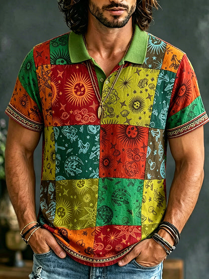 Cardydony Men's Ethnic Pattern Patchwork Sun And Moon Print Color-blocked Polo Shirt