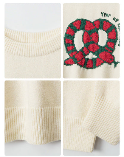 Cardydony Women's Retro Pretzel Embroidered Sweater | Oversized Pullover