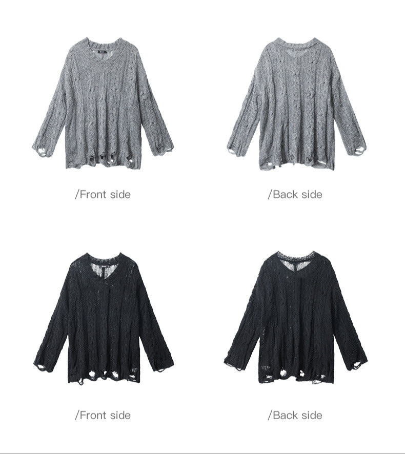 Cardydony Women's Oversized Cable Knit Sweater | Distressed V-Neck Pullover