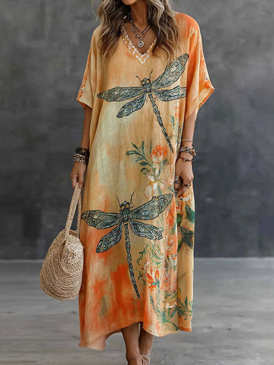 Cardydony Retro Dragonfly And Floral Pattern Linen Maxi Dress